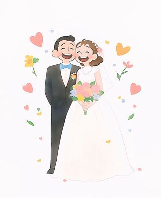JPG 전신 여자 남자 행복 신부 꽃다발 웨딩드레스 신랑 일러스트 결혼식 수채화 면사포 사랑 미소 들기 턱시도 성인 두명 하트 성인만 국내일러스트 AI일러스트 AI콘텐츠 모양 드레스 꽃 감정 결혼 모션 표정 사람 정장 결혼소품 파일형식