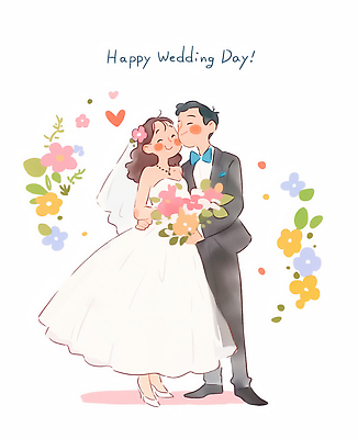 JPG 전신 여자 남자 행복 신부 꽃다발 웨딩드레스 허리손 신랑 잎 일러스트 결혼식 수채화 사랑 미소 들기 턱시도 성인 두명 하트 성인만 국내일러스트 AI일러스트 AI콘텐츠 모양 식물 드레스 꽃 감정 포즈 결혼 모션 표정 사람 정장 파일형식