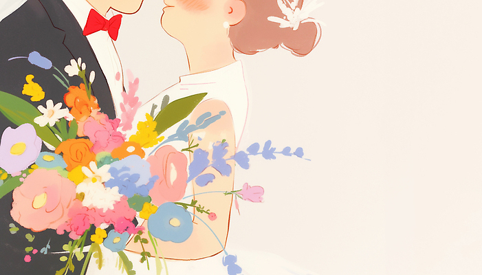 JPG 여자 남자 행복 신부 꽃다발 웨딩드레스 신랑 일러스트 결혼식 수채화 사랑 미소 들기 턱시도 성인 두명 마주보기 성인만 국내일러스트 AI일러스트 AI콘텐츠 드레스 꽃 감정 결혼 모션 표정 사람 정장 파일형식