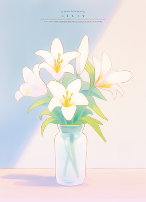 PSD 분홍색 일러스트 여름꽃 수채화 그림자 사람없음 빛 꽃병 백합 꽃봉오리 파스텔톤 국내일러스트 꽃 컬러 파일형식 여름_계절