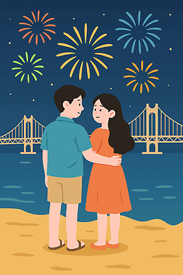 전신 부부 여자 남자 행복 허리손 데이트 일러스트 폭죽 미소 성인 두명 여름휴가 반짝임 강가 즐거움 여름밤 가교 성인만 국내일러스트 AI파일 건축물 커플 감정 포즈 모션 휴가 표정 사람 여름 강 야간 파일형식 벡터 여름_계절