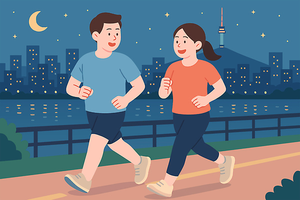 전신 부부 여자 남자 행복 길 데이트 일러스트 미소 빌딩 성인 두명 여름휴가 반짝임 강 반사 풀 초승달 즐거움 남산타워 러닝 여름밤 성인만 국내일러스트 AI파일 식물 커플 감정 모션 휴가 표정 사람 건물 여름 달 야간 남산 파일형식 벡터 여름_계절