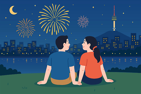 전신 부부 여자 남자 행복 데이트 일러스트 폭죽 미소 앉기 성인 두명 건물 여름휴가 반짝임 강 반사 도시 풀 초승달 즐거움 남산타워 여름밤 성인만 국내일러스트 AI파일 식물 건축물 커플 감정 모션 휴가 표정 사람 여름 달 야간 남산 파일형식 벡터 여름_계절