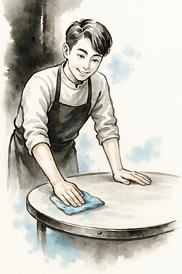 JPG 남자 일러스트 식탁 수채화 한명 미소 상반신 청년 성인 식당 앞치마 잡기 닦기 행주 청년남자한명만 국내일러스트 AI일러스트 AI콘텐츠 1 모션 탁자 표정 사람 상점 청소도구 남자한명만 청년남자만 파일형식