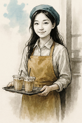 JPG 모자 여자 커피 일러스트 수채화 쟁반 빨대 한명 미소 들기 상반신 청년 성인 앞치마 카페 바리스타 테이크아웃컵 청년여자한명만 국내일러스트 AI일러스트 AI콘텐츠 직업 1 잡화 음료 모션 표정 사람 컵 상점 여자한명만 청년여자만 파일형식