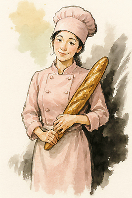 JPG 여자 일러스트 수채화 요리사모자 한명 미소 들기 청년 성인 바게트 조리복 제빵사 청년여자한명만 국내일러스트 AI일러스트 AI콘텐츠 직업 모자_잡화 1 빵 유니폼 모션 표정 사람 요리사 여자한명만 청년여자만 파일형식