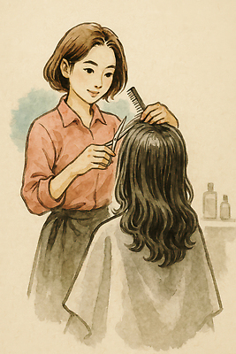 JPG 여자 일러스트 수채화 미소 청년 성인 두명 머리빗 미용실 미용사 고객 미용가위 청년여자만 국내일러스트 AI일러스트 AI콘텐츠 직업 가위_도구 표정 사람 미용용품 뷰티샵 여자만 청년만 파일형식