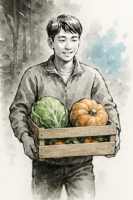 JPG 남자 일러스트 호박 수채화 한명 미소 들기 청년 성인 농사 나무상자 배추 청년남자한명만 청년농부 국내일러스트 AI일러스트 AI콘텐츠 1 농업 채소 모션 표정 사람 상자 농부 남자한명만 청년남자만 파일형식