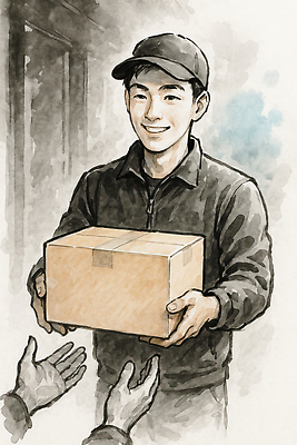 JPG 손 남자 일러스트 수채화 한명 미소 청년 성인 신체부위 배달원 주기 택배상자 캡모자 청년남자한명만 국내일러스트 AI일러스트 AI콘텐츠 직업 모자_잡화 1 모션 표정 사람 상자 택배 남자한명만 청년남자만 파일형식