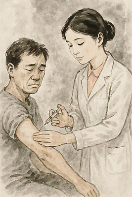 JPG 여자 남자 중년 일러스트 수채화 주사기 들기 청년 성인 두명 간호사 찡그림 간호복 국내일러스트 AI일러스트 AI콘텐츠 유니폼 의료기기 모션 표정 사람 의료진 파일형식