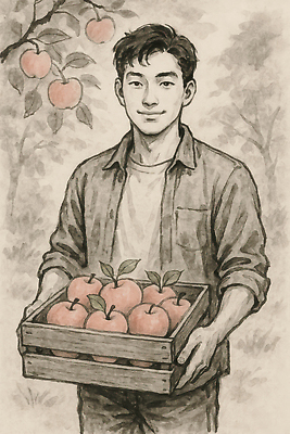 JPG 남자 일러스트 수채화 한명 미소 들기 청년 성인 농사 나무상자 사과나무 청년남자한명만 청년농부 국내일러스트 AI일러스트 AI콘텐츠 나무 1 농업 모션 표정 사람 상자 사과 농부 남자한명만 청년남자만 파일형식