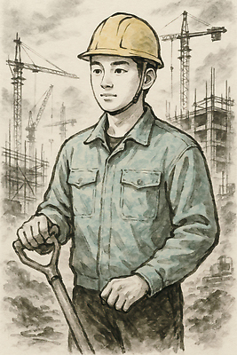 JPG 남자 일러스트 수채화 한명 청년 성인 잡기 안전모 삽 공사인부 청년남자한명만 건설근로자 국내일러스트 AI일러스트 AI콘텐츠 직업 1 모션 사람 헬멧 안전장비 남자한명만 청년남자만 파일형식