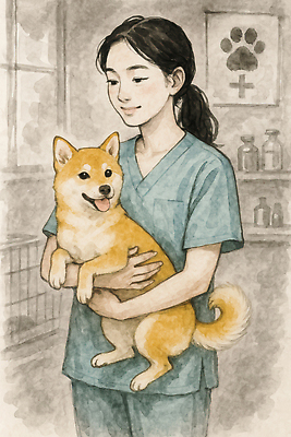 JPG 여자 일러스트 안기 수채화 한명 미소 청년 성인 수술복 동물병원 수의사 청년여자한명만 시바견 국내일러스트 AI일러스트 AI콘텐츠 1 모션 표정 병원 사람 의사 가운 개 여자한명만 청년여자만 파일형식