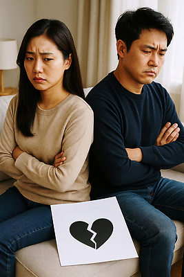 JPG 편집이미지 여자 남자 종이 거실 앉기 성인 두명 소파 팔짱 분노 짜증 하트 찡그림 부부싸움 깨짐 불화 이혼 의료성형뷰티 성인만 편집실사 AI인물포토 AI콘텐츠 모양 부부 감정 컨셉 의자 모션 표정 사람 CG 싸움 파일형식 AI포토