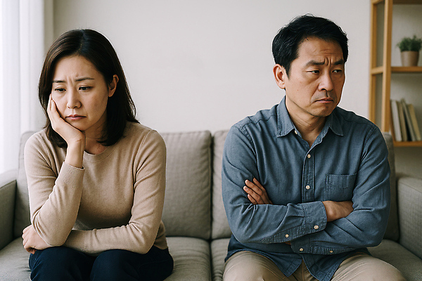 JPG 편집이미지 여자 남자 중년 거실 앉기 두명 소파 팔짱 분노 짜증 찡그림 부부싸움 불화 이혼 의료성형뷰티 중년만 편집실사 AI인물포토 AI콘텐츠 부부 감정 의자 모션 표정 사람 성인 CG 싸움 성인만 파일형식 AI포토