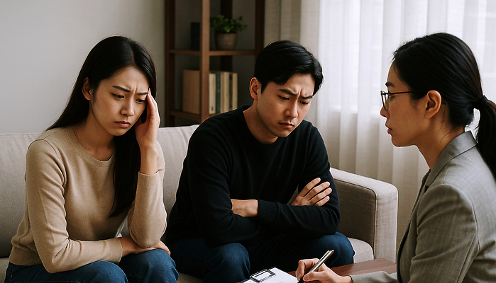 JPG 편집이미지 여자 남자 들기 앉기 성인 세명 소파 펜 팔짱 분노 짜증 커튼 찡그림 전문직 장식장 부부싸움 불화 서류판 이혼 의료성형뷰티 성인만 안경낌 편집실사 머리짚기 AI인물포토 AI콘텐츠 직업 부부 감정 안경 가구 의자 모션 표정 사람 필기구 사무용품 CG 싸움 파일형식 AI포토