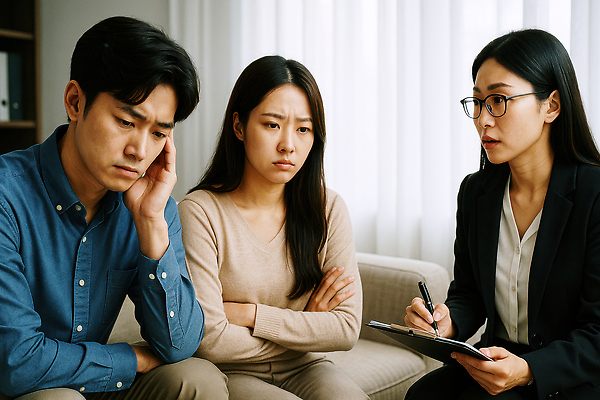 JPG 편집이미지 여자 남자 들기 앉기 성인 세명 소파 펜 팔짱 분노 짜증 커튼 찡그림 부부싸움 불화 서류판 이혼 의료성형뷰티 성인만 안경낌 편집실사 머리짚기 AI인물포토 AI콘텐츠 부부 감정 안경 의자 모션 표정 사람 필기구 사무용품 CG 싸움 파일형식 AI포토