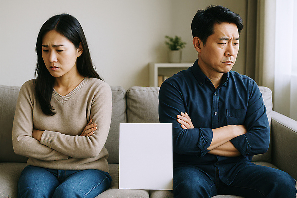 JPG 편집이미지 여자 남자 종이 거실 앉기 성인 두명 소파 팔짱 분노 짜증 커튼 찡그림 부부싸움 불화 이혼 의료성형뷰티 성인만 편집실사 AI인물포토 AI콘텐츠 부부 감정 의자 모션 표정 사람 CG 싸움 파일형식 AI포토