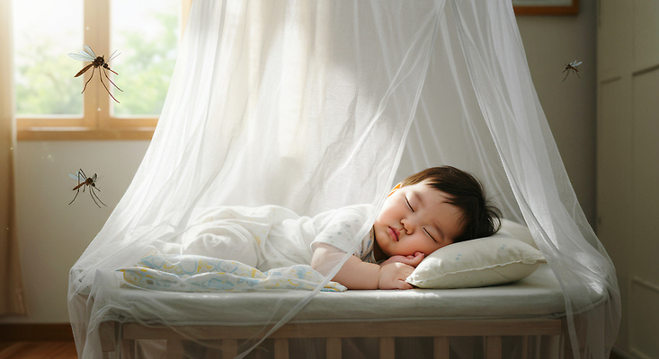 JPG 전신 편집이미지 창문 한명 여름 눕기 아기 낮잠 모기 모기장 아기침대 의료성형뷰티 편집실사 AI인물포토 AI콘텐츠 1 계절 모션 사람 아기용품 침대 잠 해충 CG 파일형식 AI포토