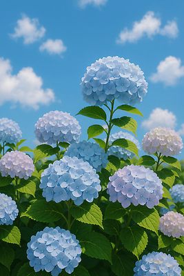 JPG 구름 편집이미지 하늘색 잎 여름꽃 자연 하늘 사람없음 여름풍경 수국 편집실사 AI포토 AI콘텐츠 자연요소 식물 꽃 풍경 파란색 CG 생태계 파일형식 여름_계절