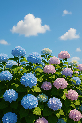 JPG 구름 편집이미지 분홍색 하늘색 잎 여름꽃 자연 하늘 사람없음 여름풍경 수국 편집실사 AI포토 AI콘텐츠 자연요소 식물 꽃 컬러 풍경 파란색 CG 생태계 파일형식 여름_계절