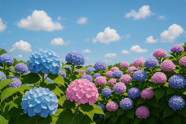 JPG 구름 편집이미지 분홍색 하늘색 잎 여름꽃 자연 하늘 사람없음 여름풍경 수국 편집실사 AI포토 AI콘텐츠 자연요소 식물 꽃 컬러 풍경 파란색 CG 생태계 파일형식 여름_계절