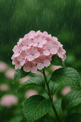 JPG 편집이미지 분홍색 잎 여름꽃 자연 사람없음 초록색 여름풍경 비 수국 편집실사 AI포토 AI콘텐츠 자연요소 식물 꽃 컬러 날씨 풍경 CG 생태계 파일형식 여름_계절