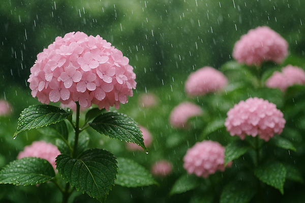 JPG 편집이미지 분홍색 잎 여름꽃 자연 사람없음 초록색 여름풍경 비 수국 편집실사 AI포토 AI콘텐츠 자연요소 식물 꽃 컬러 날씨 풍경 CG 생태계 파일형식 여름_계절