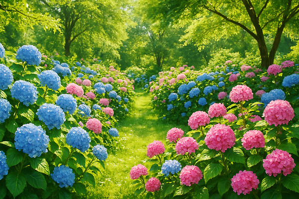 JPG 나무 편집이미지 잎 여름꽃 자연 사람없음 초록색 여름풍경 숲속 수국 편집실사 AI포토 AI콘텐츠 식물 꽃 컬러 풍경 숲 CG 생태계 파일형식 여름_계절