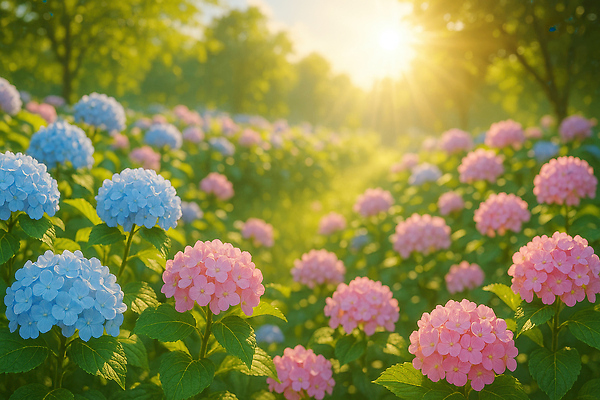 JPG 나무 편집이미지 잎 여름꽃 자연 사람없음 초록색 햇빛 여름풍경 숲속 수국 편집실사 AI포토 AI콘텐츠 식물 꽃 컬러 풍경 태양 숲 CG 생태계 파일형식 여름_계절