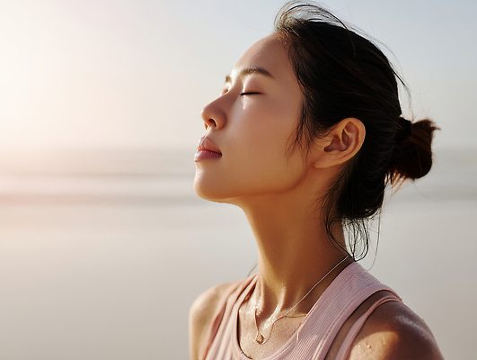 JPG 편집이미지 여자 목걸이 요가 한명 상반신 성인 해변 운동복 눈감음 의료성형뷰티 성인여자한명만 편집실사 AI인물포토 AI콘텐츠 1 웰빙 옷 바다 장신구 모션 사람 CG 여자한명만 성인여자만 파일형식 AI포토