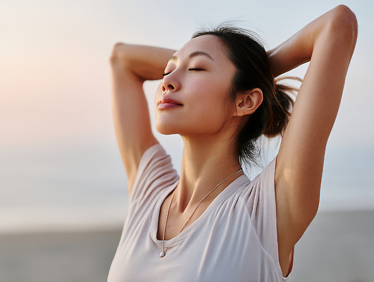 JPG 편집이미지 여자 목걸이 요가 한명 미소 상반신 성인 해변 운동복 손들기 의료성형뷰티 성인여자한명만 편집실사 AI인물포토 AI콘텐츠 1 웰빙 옷 바다 장신구 모션 표정 사람 CG 여자한명만 성인여자만 파일형식 AI포토