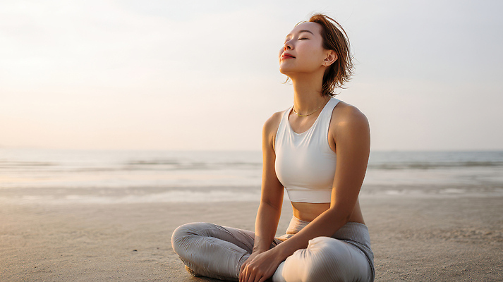 JPG 전신 편집이미지 여자 목걸이 요가 한명 미소 성인 해변 운동복 눈감음 가부좌 의료성형뷰티 성인여자한명만 편집실사 AI인물포토 AI콘텐츠 1 웰빙 옷 바다 장신구 모션 표정 사람 앉기 CG 여자한명만 성인여자만 파일형식 AI포토