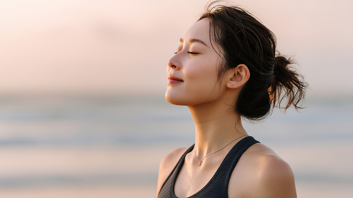 JPG 편집이미지 여자 목걸이 요가 한명 미소 상반신 성인 해변 운동복 눈감음 의료성형뷰티 성인여자한명만 편집실사 AI인물포토 AI콘텐츠 1 웰빙 옷 바다 장신구 모션 표정 사람 CG 여자한명만 성인여자만 파일형식 AI포토