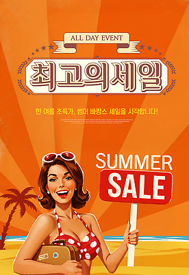 PSD 편집이미지 여자 수영복 한명 미소 들기 상반신 성인 해변 여름 바캉스 선글라스 야자수 세일 주황색 팻말 복고 성인여자한명만 이미지편집 나무 1 옷 계절 안경 바다 컬러 모션 휴가 프레임 표정 사람 여자한명만 성인여자만 파일형식