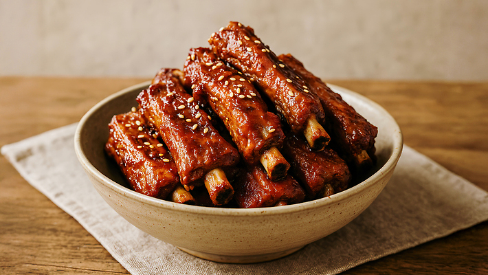 JPG 편집이미지 그릇 사람없음 천 나무탁자 등갈비 쪽갈비 맛있는 편집실사 AI포토 AI콘텐츠 식기 탁자 직물 CG 갈비 파일형식