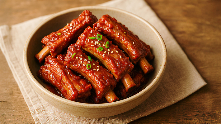 JPG 편집이미지 접시 사람없음 천 나무탁자 등갈비 쪽갈비 맛있는 편집실사 AI포토 AI콘텐츠 식기 탁자 직물 CG 갈비 파일형식