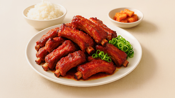 JPG 편집이미지 접시 밥 반찬 사람없음 깍두기 파 밥그릇 등갈비 쪽갈비 맛있는 편집실사 AI포토 AI콘텐츠 그릇 식기 음식 채소 김치 CG 갈비 파일형식