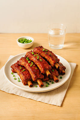 JPG 편집이미지 접시 사람없음 물 천 물컵 쪽파 나무탁자 등갈비 쪽갈비 맛있는 편집실사 AI포토 AI콘텐츠 자연요소 식기 탁자 컵 직물 CG 갈비 파 파일형식