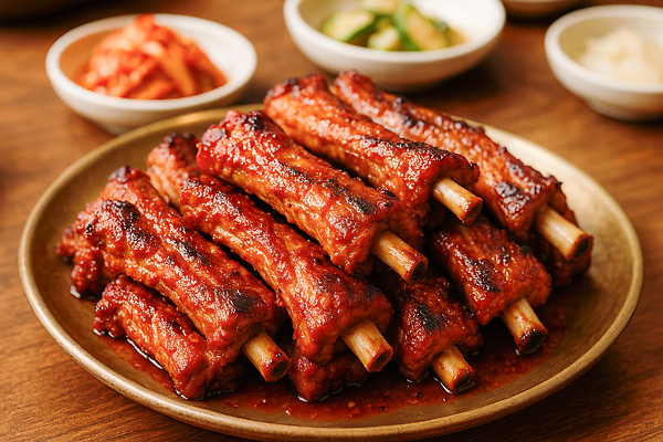 JPG 편집이미지 접시 반찬 김치 사람없음 나무탁자 등갈비 쪽갈비 맛있는 편집실사 AI포토 AI콘텐츠 식기 한식 음식 탁자 CG 갈비 파일형식