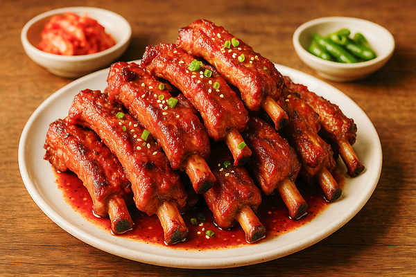 JPG 편집이미지 접시 반찬 김치 사람없음 나무탁자 등갈비 쪽갈비 맛있는 편집실사 AI포토 AI콘텐츠 식기 한식 음식 탁자 CG 갈비 파일형식