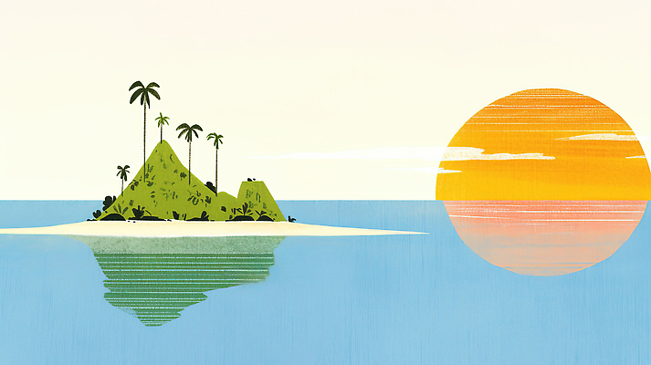 JPG 바다 섬 일러스트 자연 산 사람없음 야자수 태양 반사 평화 고요 여름풍경 수평선 국내일러스트 AI일러스트 AI콘텐츠 자연요소 나무 컨셉 풍경 생태계 파일형식 여름_계절