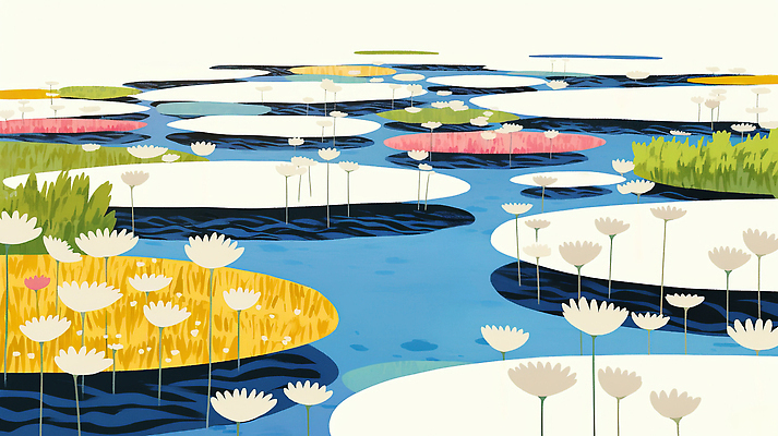 JPG 호수 일러스트 자연 연꽃 잔디 사람없음 평화 고요 여름풍경 수면 연잎 국내일러스트 AI일러스트 AI콘텐츠 식물 꽃 컨셉 잎 풍경 물 생태계 파일형식 여름_계절