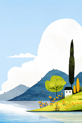 JPG 나무 구름 일러스트 자연 하늘 산 주택 초원 사람없음 강 평화 고요 여름풍경 언덕 국내일러스트 AI일러스트 AI콘텐츠 자연요소 식물 컨셉 풍경 건물 생태계 파일형식 여름_계절