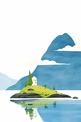 JPG 나무 구름 섬 일러스트 자연 산 주택 사람없음 강 평화 고요 여름풍경 바위 국내일러스트 AI일러스트 AI콘텐츠 자연요소 식물 컨셉 풍경 건물 돌_바위 생태계 파일형식 여름_계절