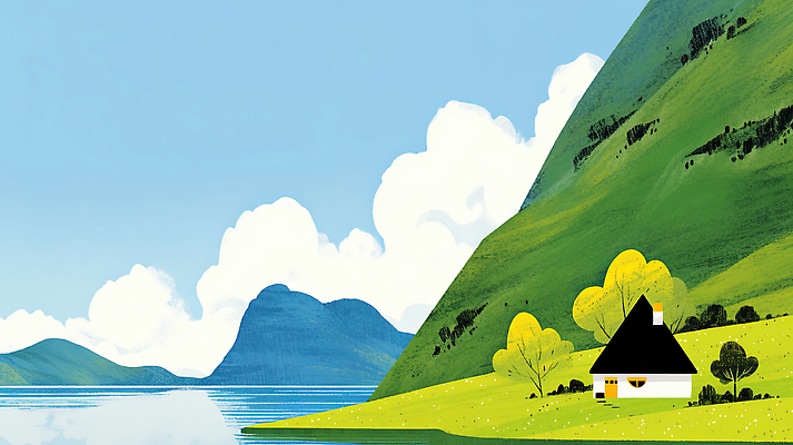 JPG 나무 구름 일러스트 자연 하늘 산 주택 초원 사람없음 강 평화 고요 여름풍경 국내일러스트 AI일러스트 AI콘텐츠 자연요소 식물 컨셉 풍경 건물 생태계 파일형식 여름_계절