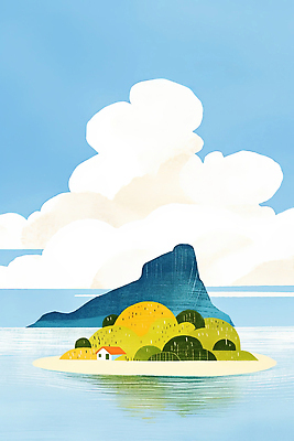 JPG 구름 바다 섬 일러스트 자연 하늘 산 주택 사람없음 평화 고요 여름풍경 언덕 국내일러스트 AI일러스트 AI콘텐츠 자연요소 컨셉 풍경 건물 생태계 파일형식 여름_계절