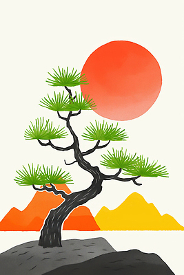 JPG 일러스트 자연 산 풍경 사람없음 태양 소나무 그라데이션 국내일러스트 AI일러스트 AI콘텐츠 자연요소 나무 생태계 파일형식