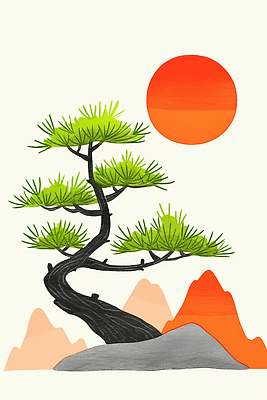 JPG 일러스트 자연 산 풍경 사람없음 태양 소나무 그라데이션 국내일러스트 AI일러스트 AI콘텐츠 자연요소 나무 생태계 파일형식