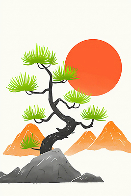 JPG 일러스트 자연 산 풍경 사람없음 태양 소나무 그라데이션 국내일러스트 AI일러스트 AI콘텐츠 자연요소 나무 생태계 파일형식